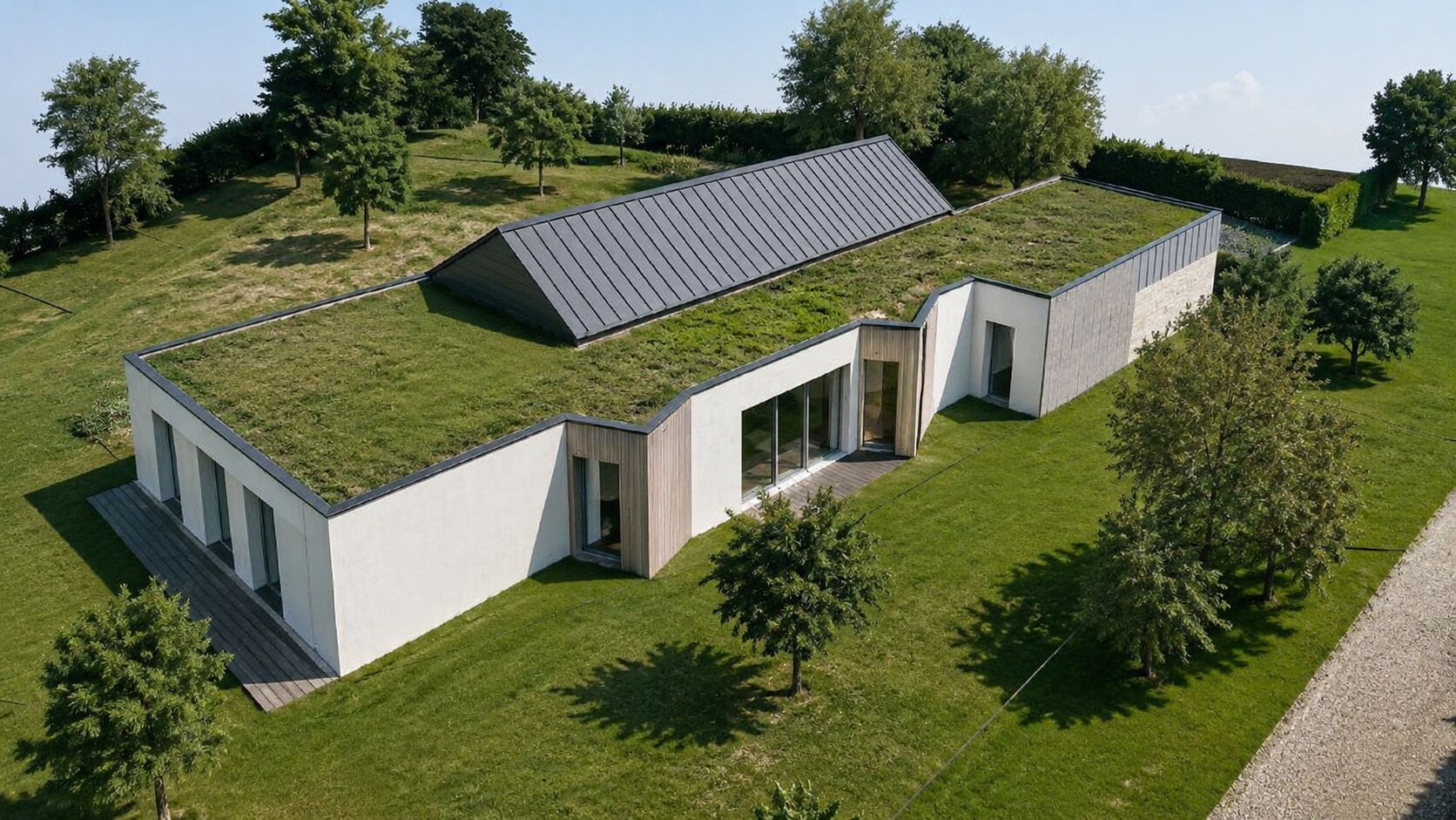 Perspective 3D aérienne, la toiture végétalisée dans l'écrin boisé